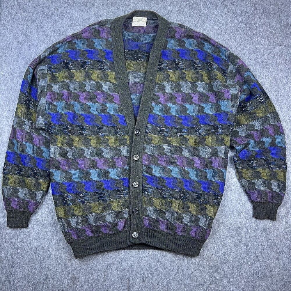 Vtg Pronto Uomo Men's Knit Cardigan Alpaca Wool Geometric Made in Italy Size XL